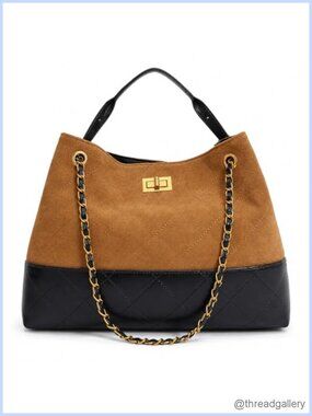 Quilted Faux Suede Shoulder Bag Two-Tone Chain Handbag Tote